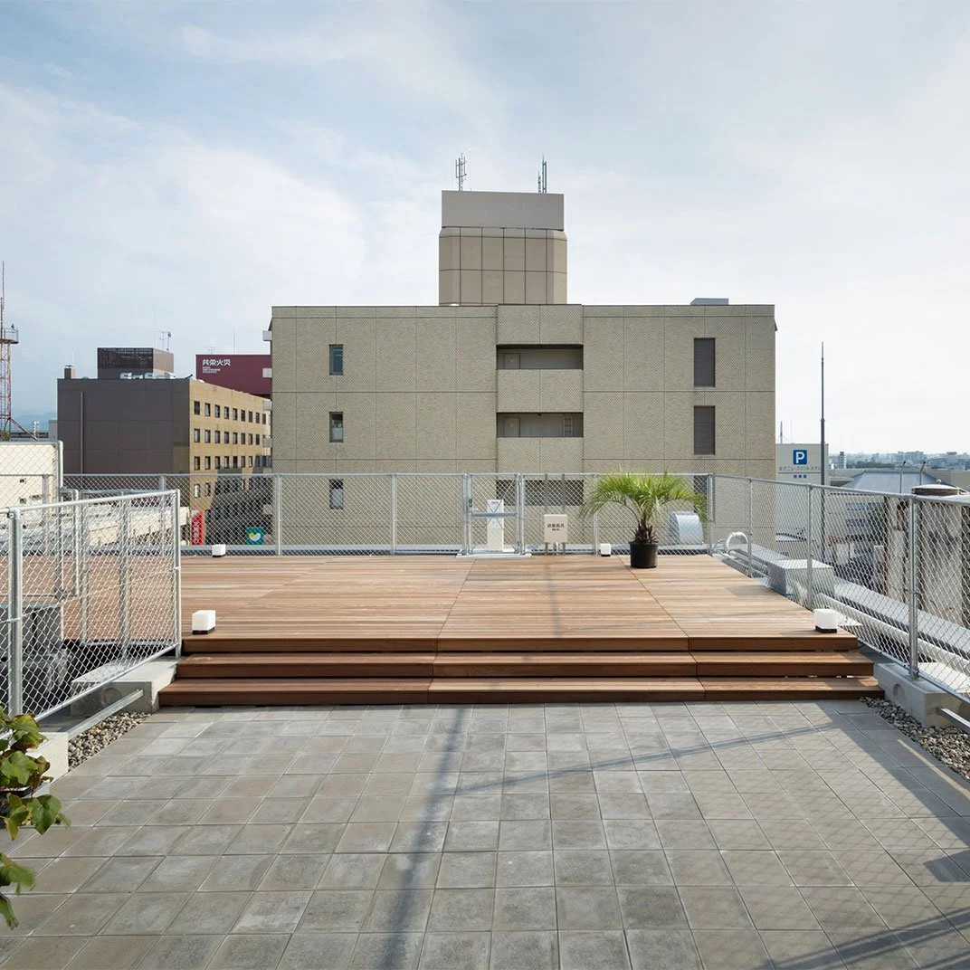 Rooftop terrace with wooden deck, potted plant, and cityscape background