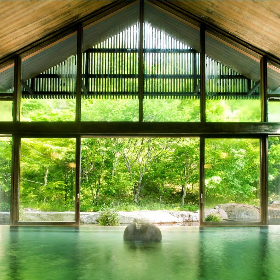 Indoor pool with large glass windows showcasing a lush green landscape outside, with trees and rocks visible.