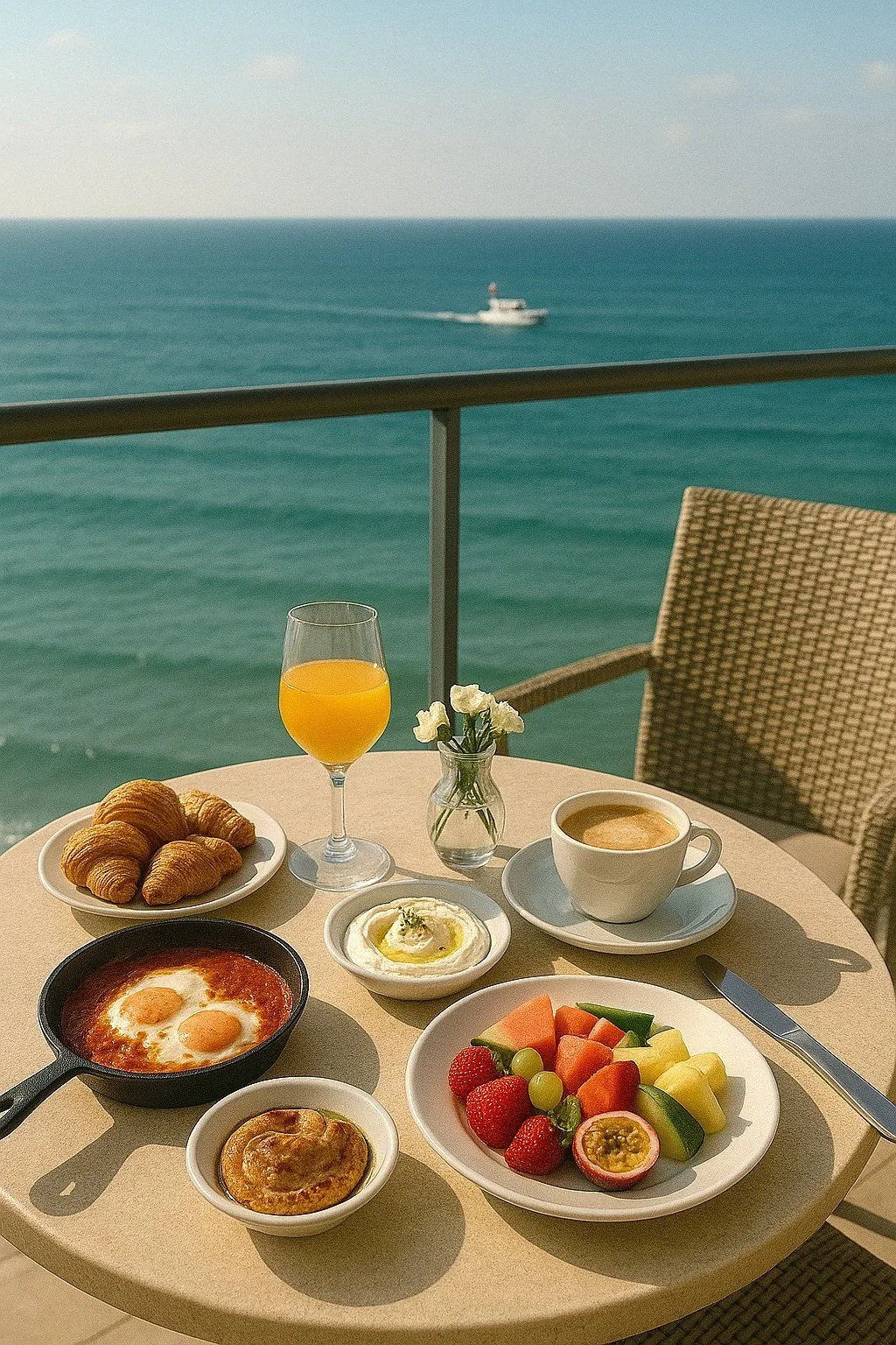 Breakfast on a balcony overlooking the ocean, with a plate of croissants, a glass of orange juice, a cup of coffee, a bowl of eggs, a bowl of fruit, and a small flower vase.