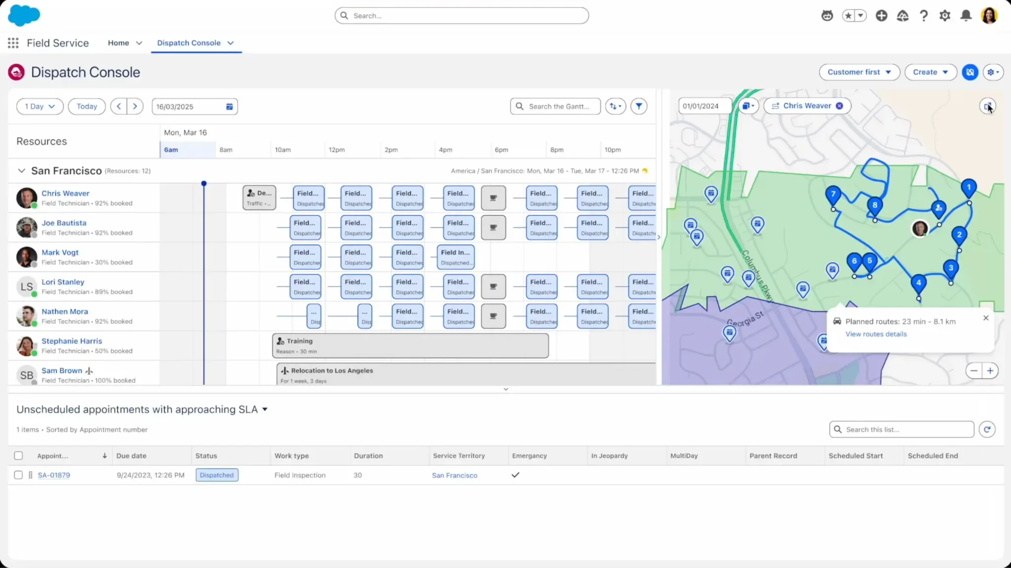 A Salesforce Dispatch Console screen showing schedules and routes for field technicians, with a map on the right displaying planned routes within San Francisco.