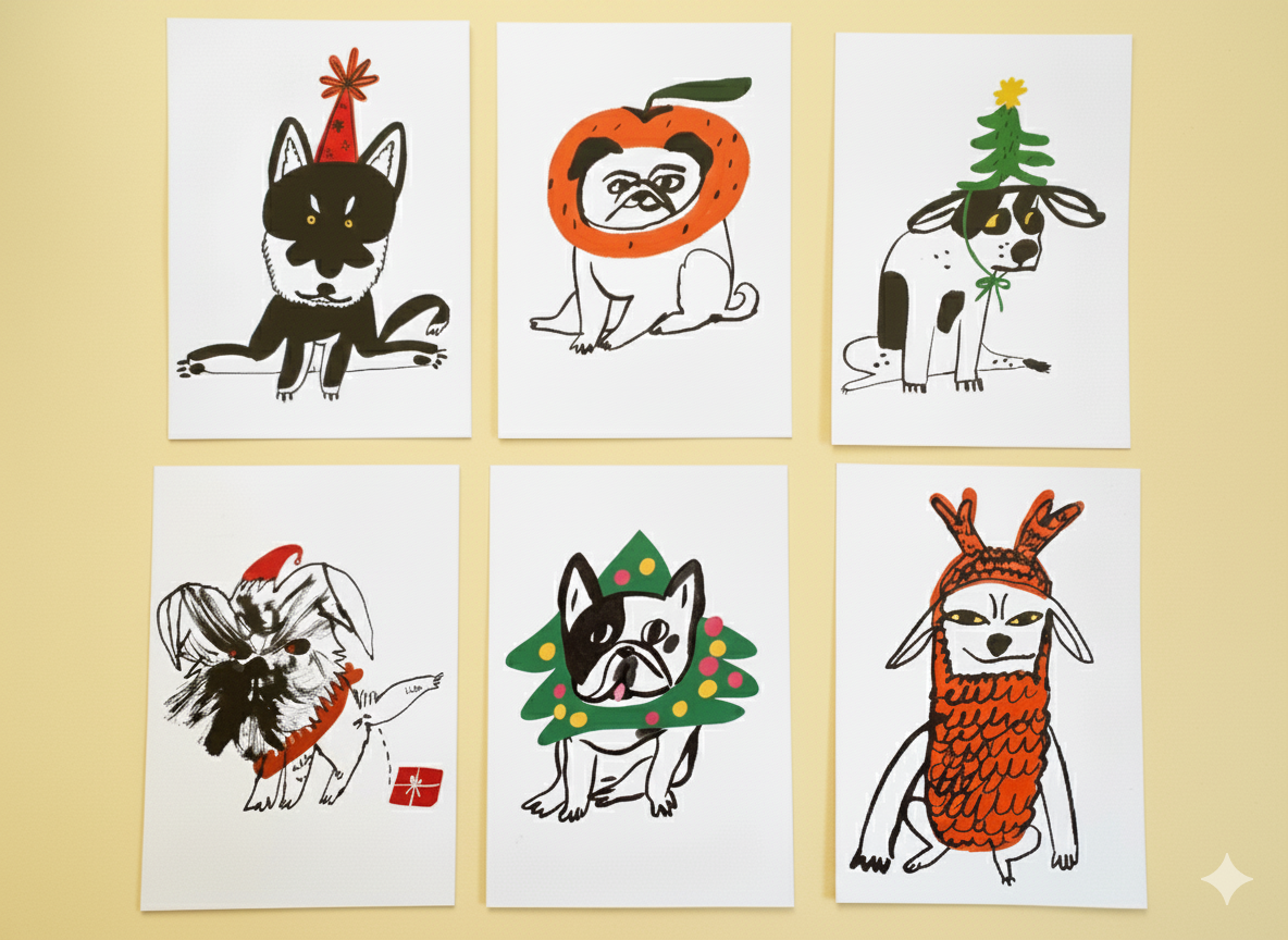 Set of 6 cards of festive dogs