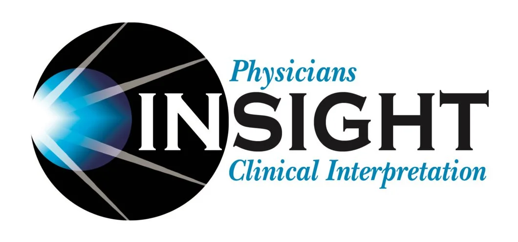 Logo for Physicians Insight Clinical Interpretation featuring a black circle with a bright blue and white light burst and gray lines, alongside the words 'Physicians Insight' in blue and black text, and 'Clinical Interpretation' in blue italics.