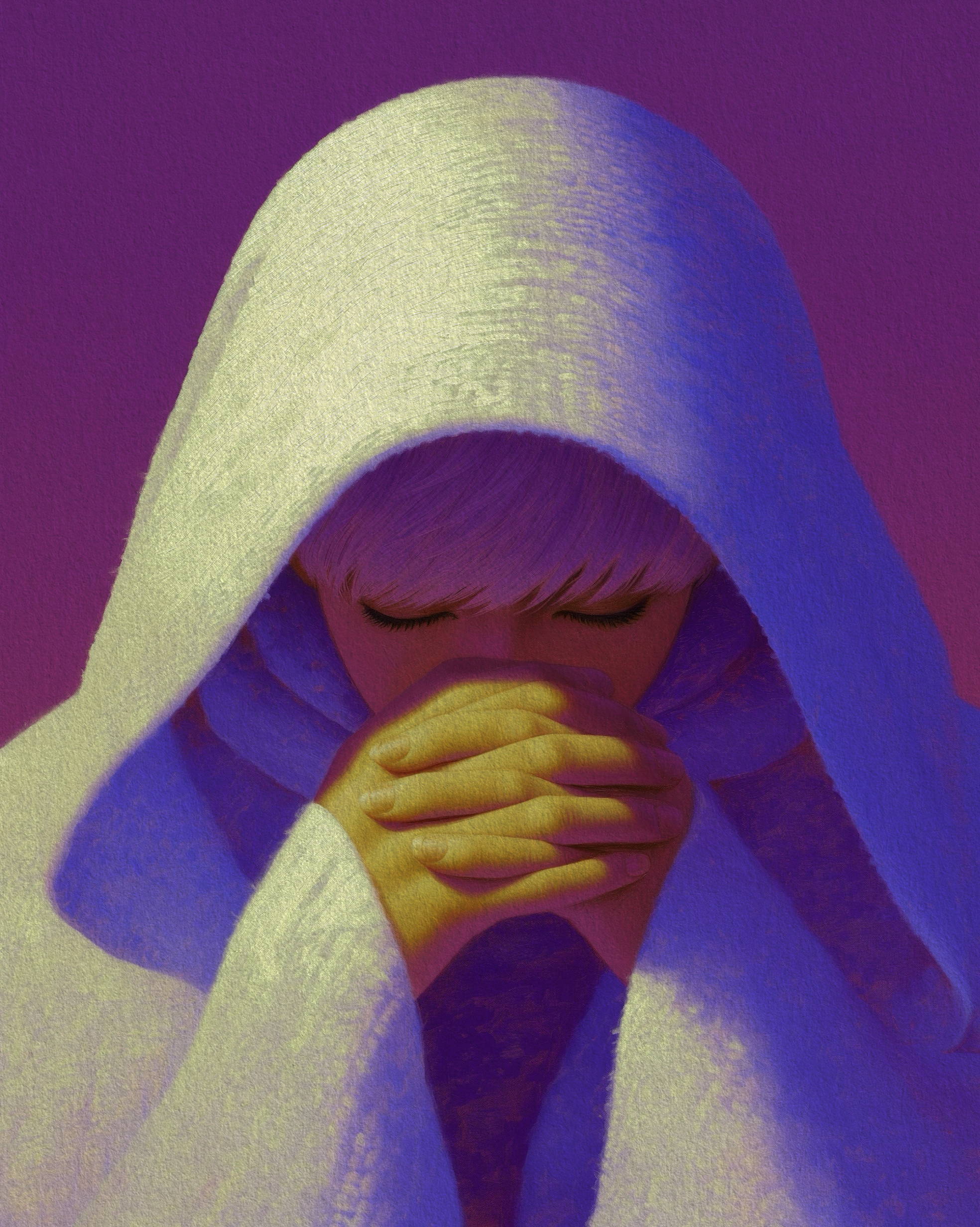 An abstract digital painting featuring a person's face with eyes closed and hands covering their face, surrounded by vibrant purple, yellow, and blue colors.