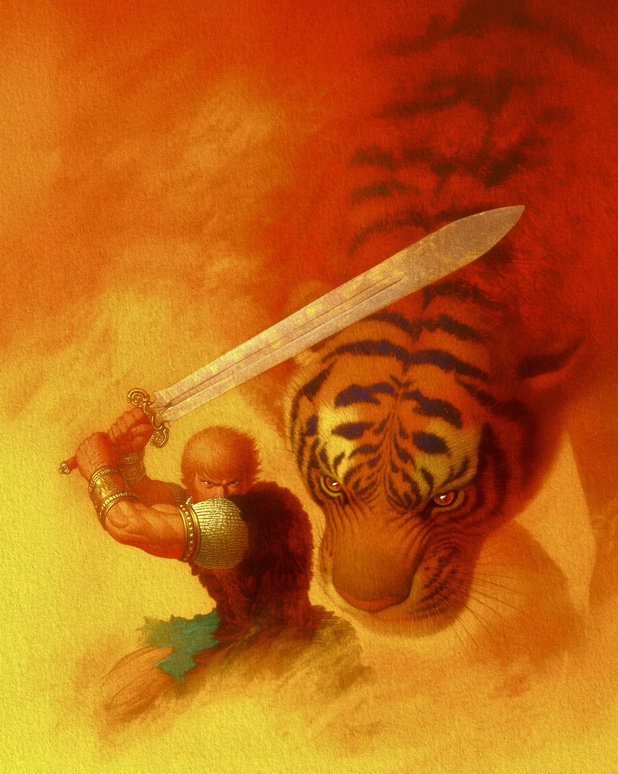 A close-up of a colorful illustration of a tiger holding a sword, with a red and orange background.