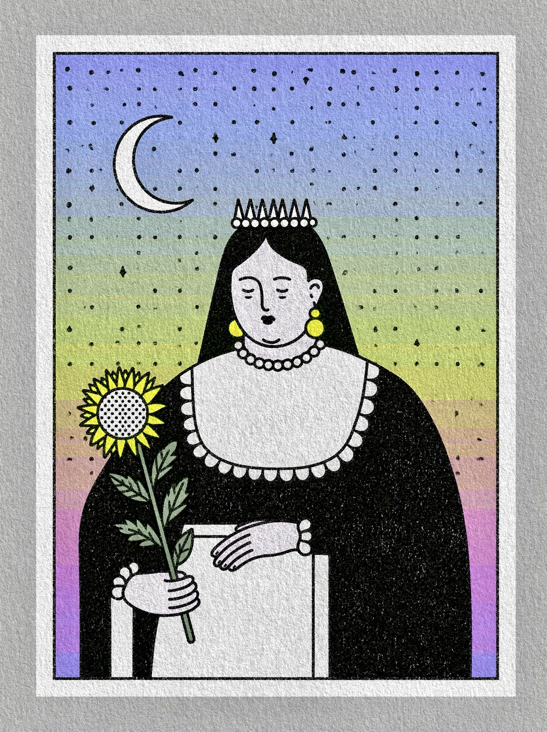 Illustration of a woman with dark hair, wearing a pearl necklace and earrings, holding a sunflower and greenery, with a rainbow gradient background, moon and stars in the sky.