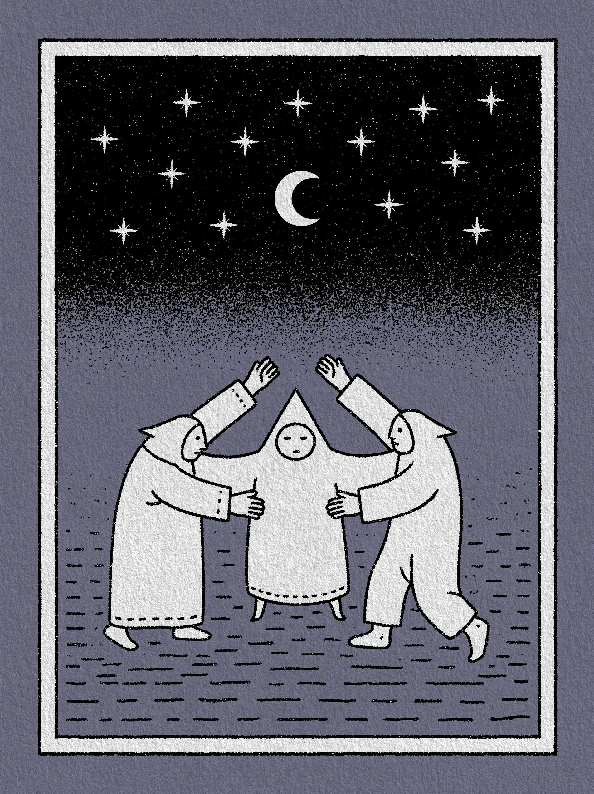 Two angels are touching a stained glass window depicting a night sky with stars and a crescent moon.