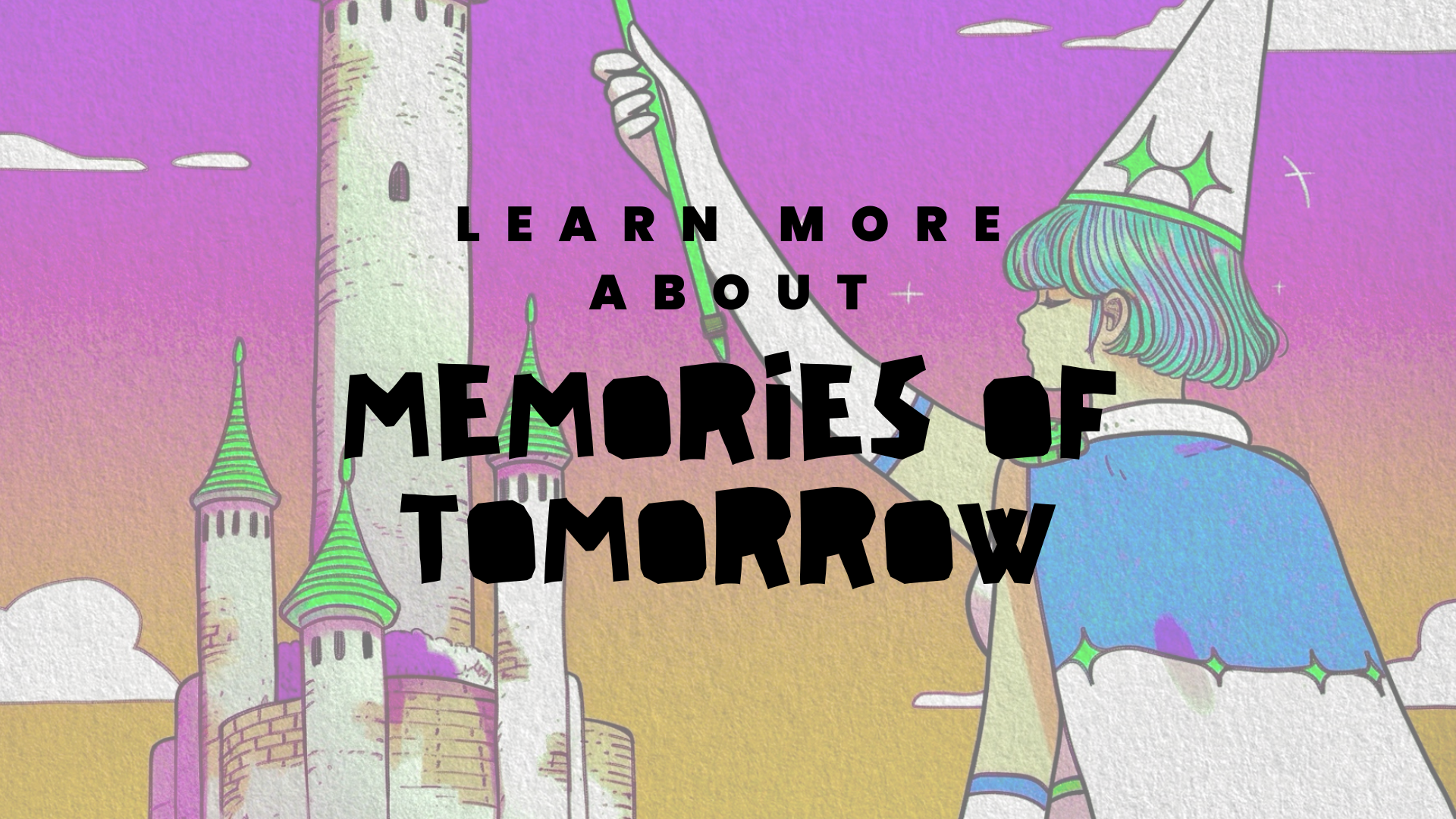 An animated illustration featuring a young princess in a blue and purple dress, standing in front of a colorful castle with tall towers, during sunset or sunrise. The princess has a whimsical appearance with rainbow-colored hair and is looking at the castle.