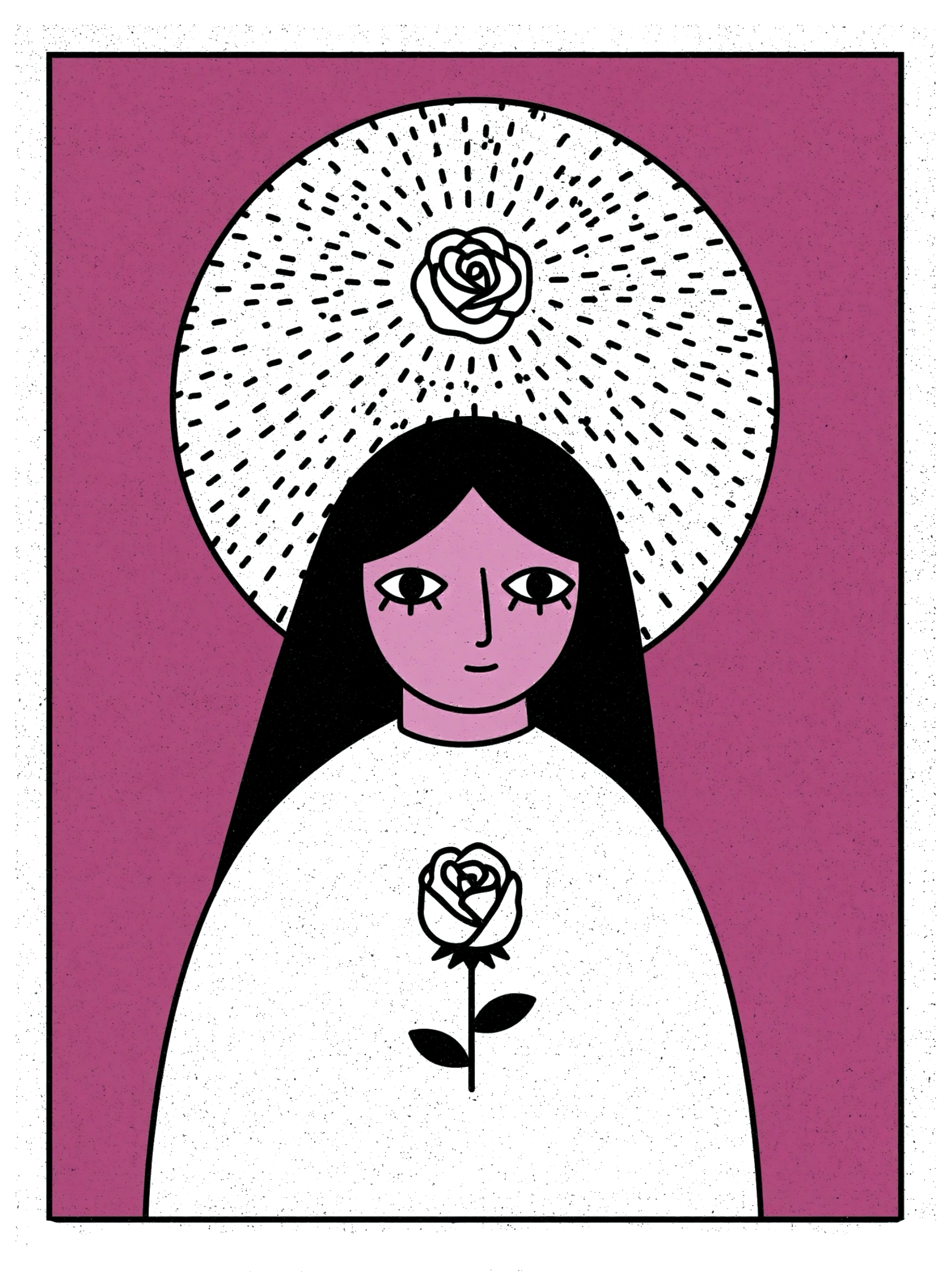 A stylized drawing of a woman with long black hair and a pink face, wearing a white dress and holding a rose with a long stem. The woman has black eyes with since lashes and a simple facial expression. Behind her is a large circular halo with a rose 