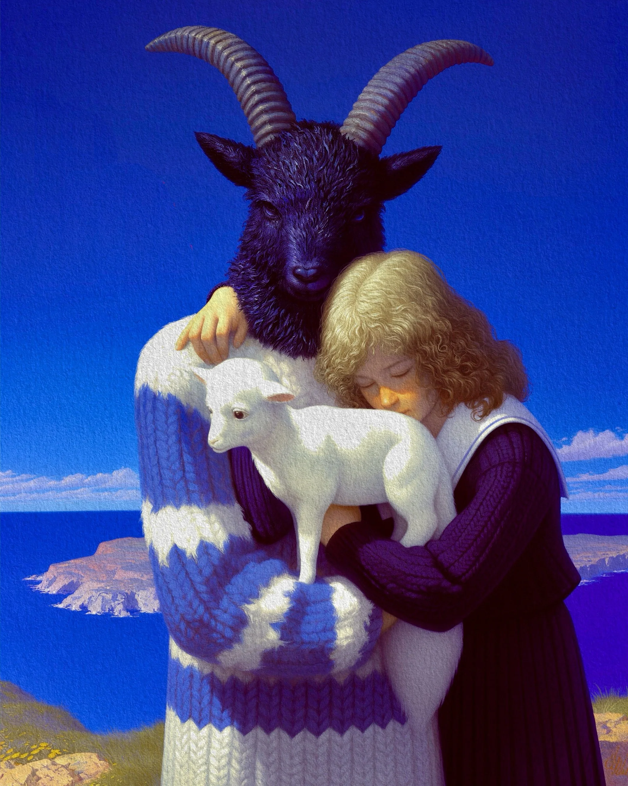 Person with curly hair hugging a large, white sheep while a goat with a goat's head and horns is on their head, set against a blue background.