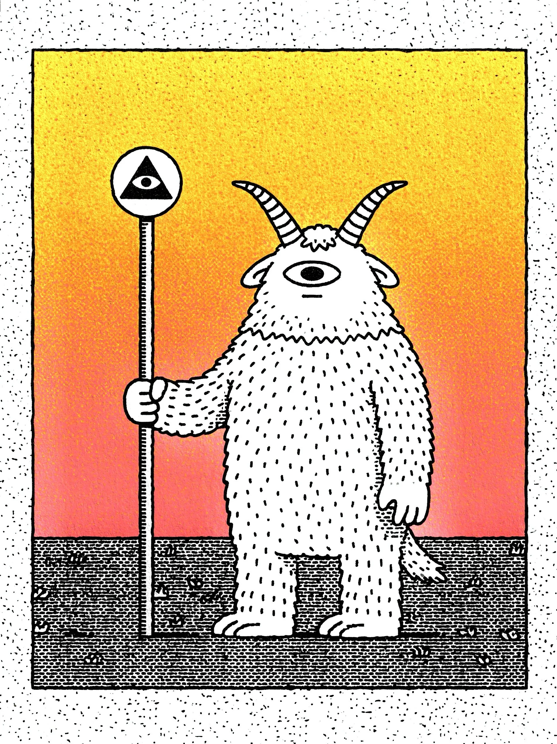 A cartoon drawing of a humanoid goat creature with one large eye, holding a staff with an eye within a triangle symbol. The background features a gradient from orange to yellow, with a dotted black and white border.