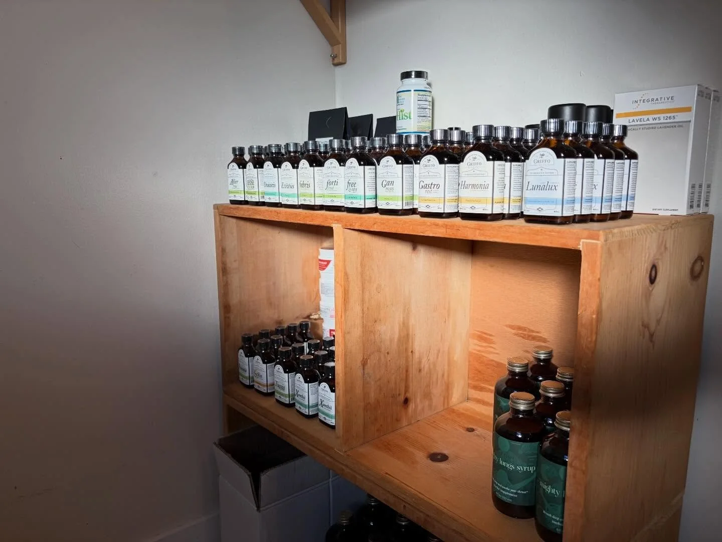 Let us know if you&rsquo;re curious about what herbs can do for you! That morning light ✨ shining a spotlight on our herbal pharmacy. We love @griffobotanicals and @taprootmedicine! We love tinctures &amp; syrups for the ease of taking as well as our