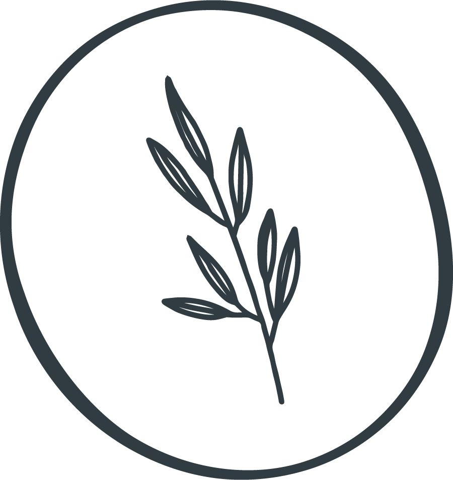 Minimalist line drawing of a branch with leaves inside a circular border.