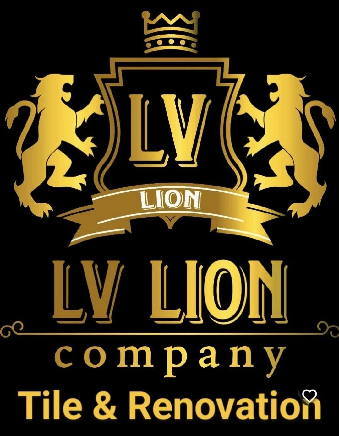 Gold and black logo for LV Lion Company, featuring a crest with two lions, a crown, and text indicating tile and renovation services.