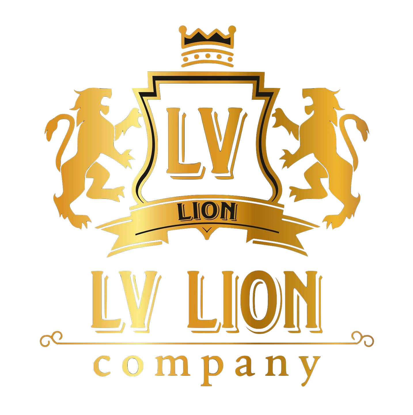 Gold crest featuring two lions holding a shield with the letters LV and a crown on top, with the words LV LION company below.