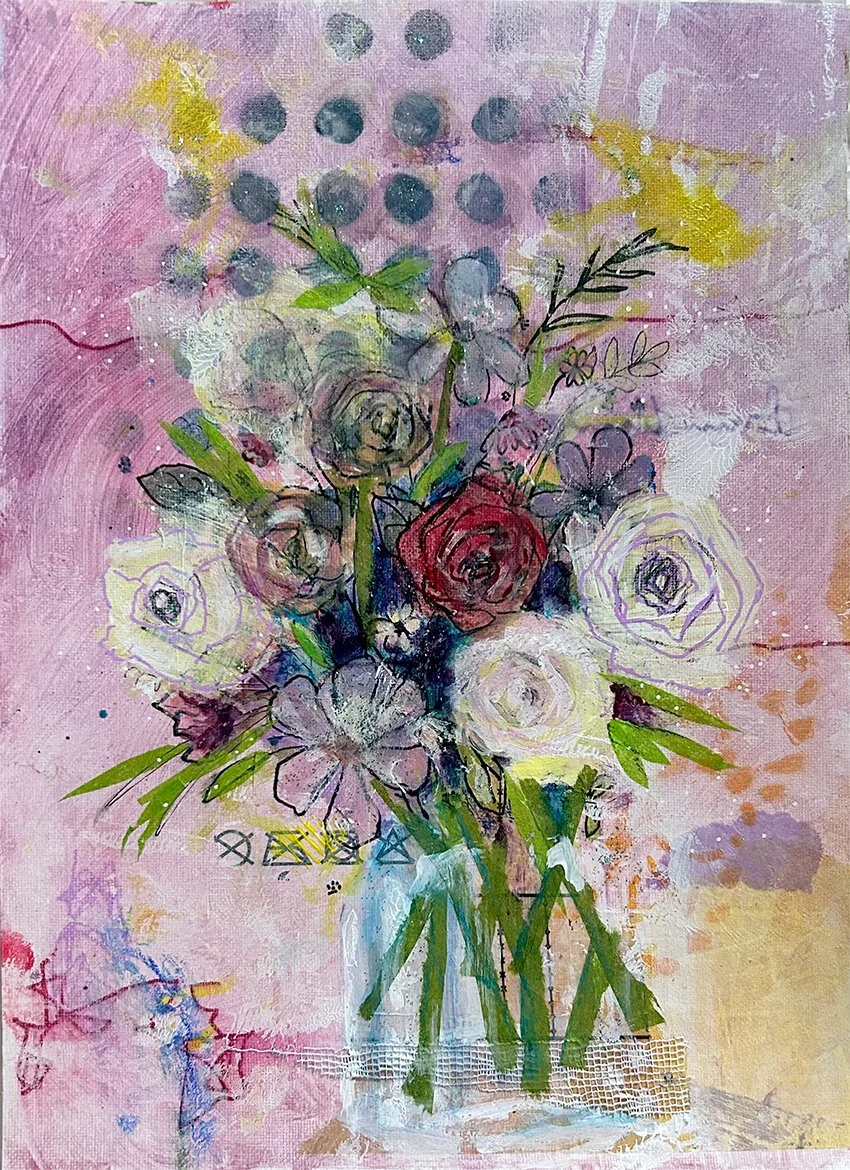 Mixed media painting of abstract flowers in a vase