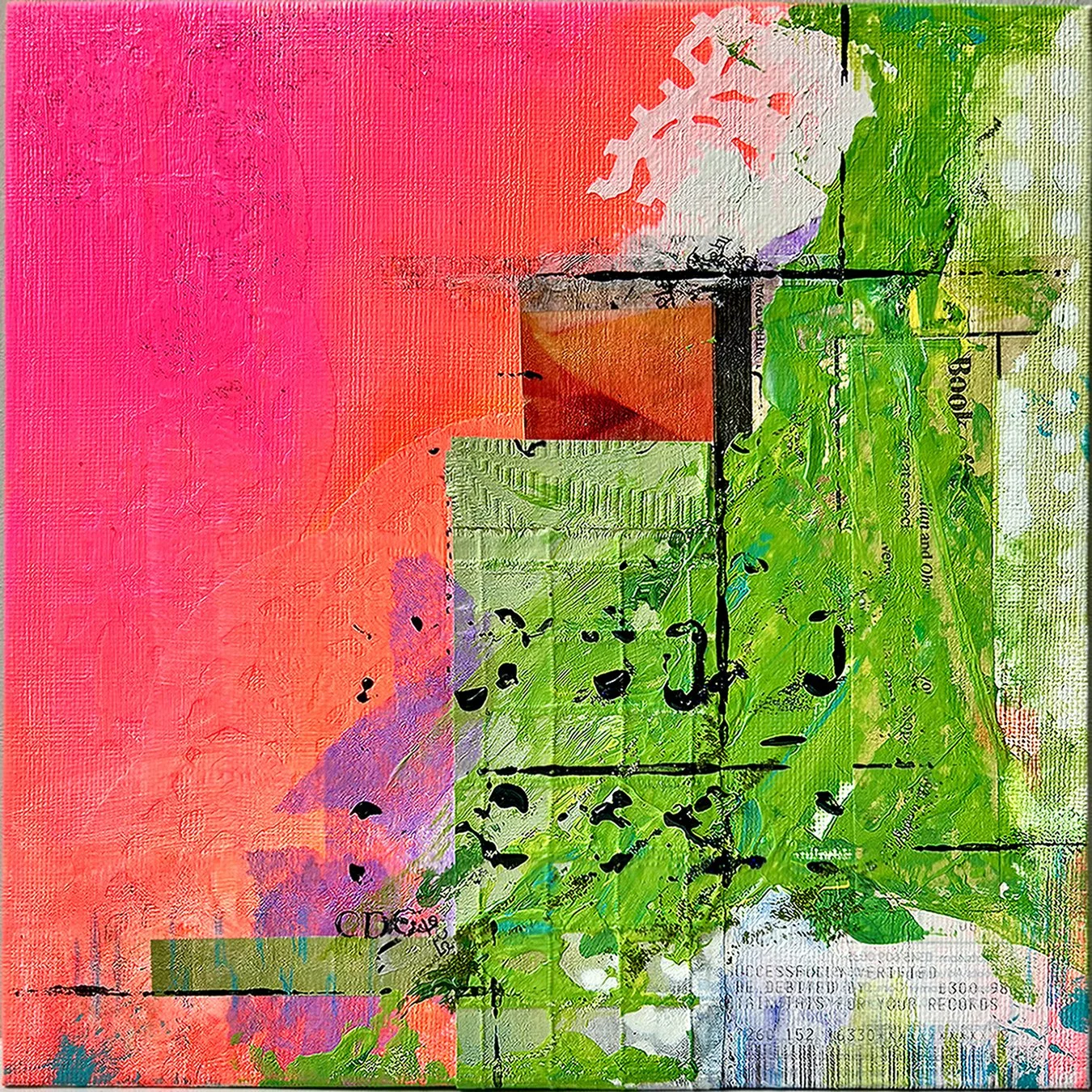 Festival – a mixed media piece of art in bright pink, orange and greens, and collage elements