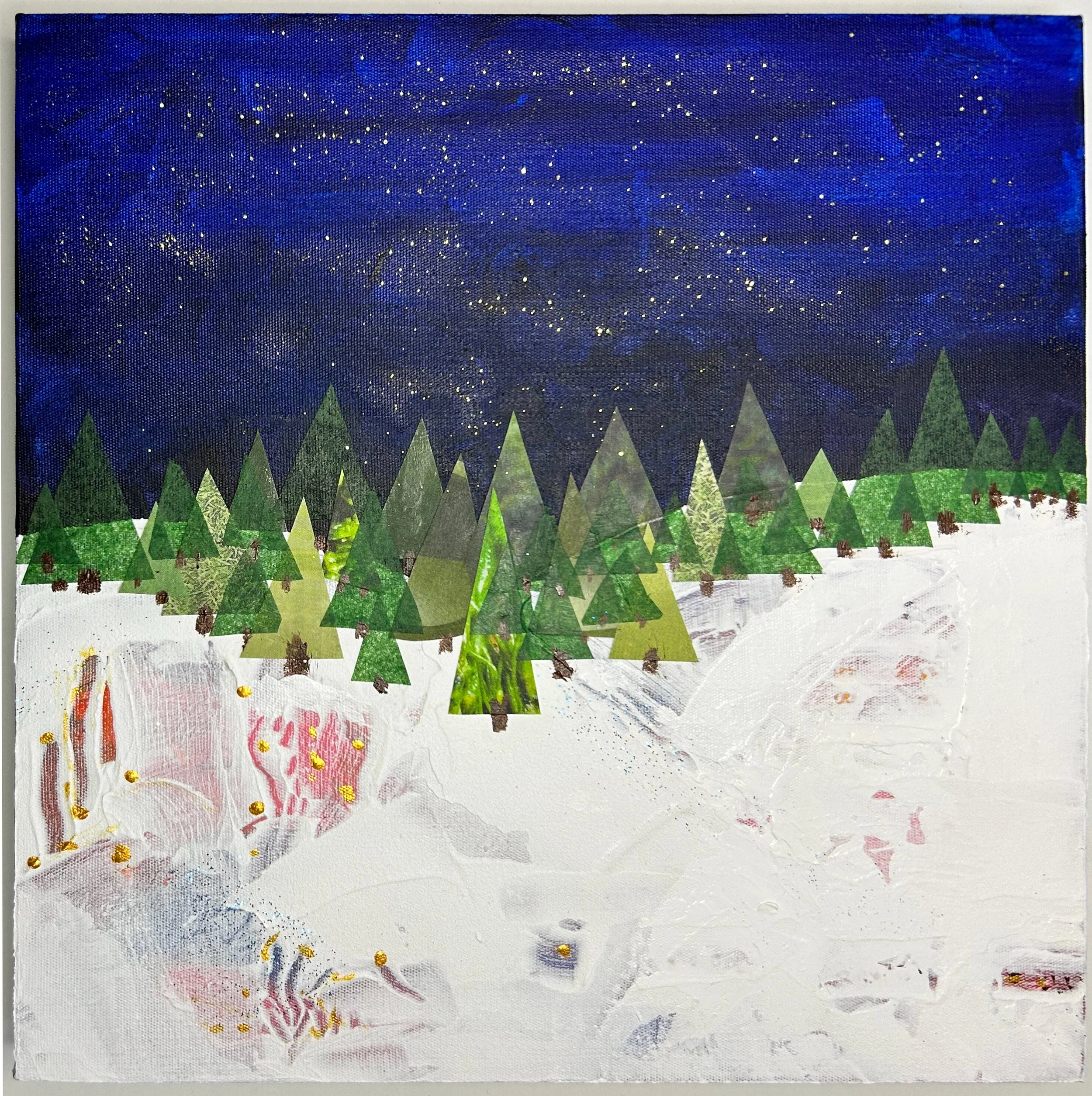 Mixed media and collage snowy Christmas scene with trees and a glittering dark blue sky