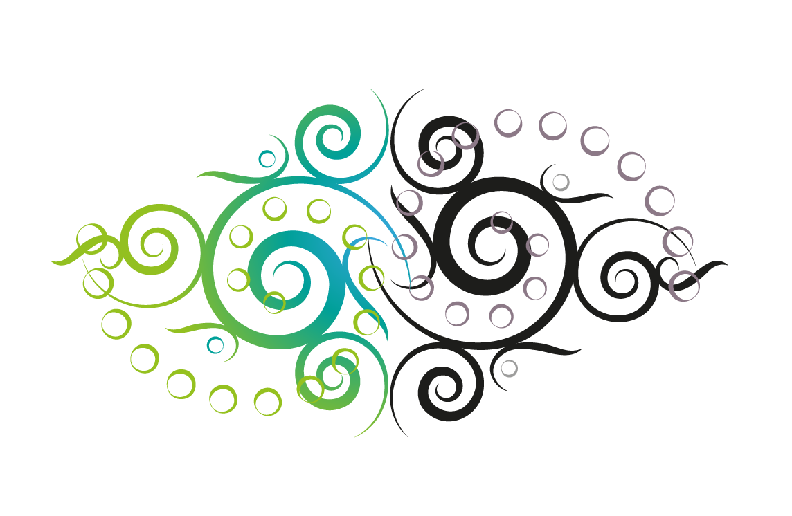 Swirly graphic pattern in black, grey and blues and greens