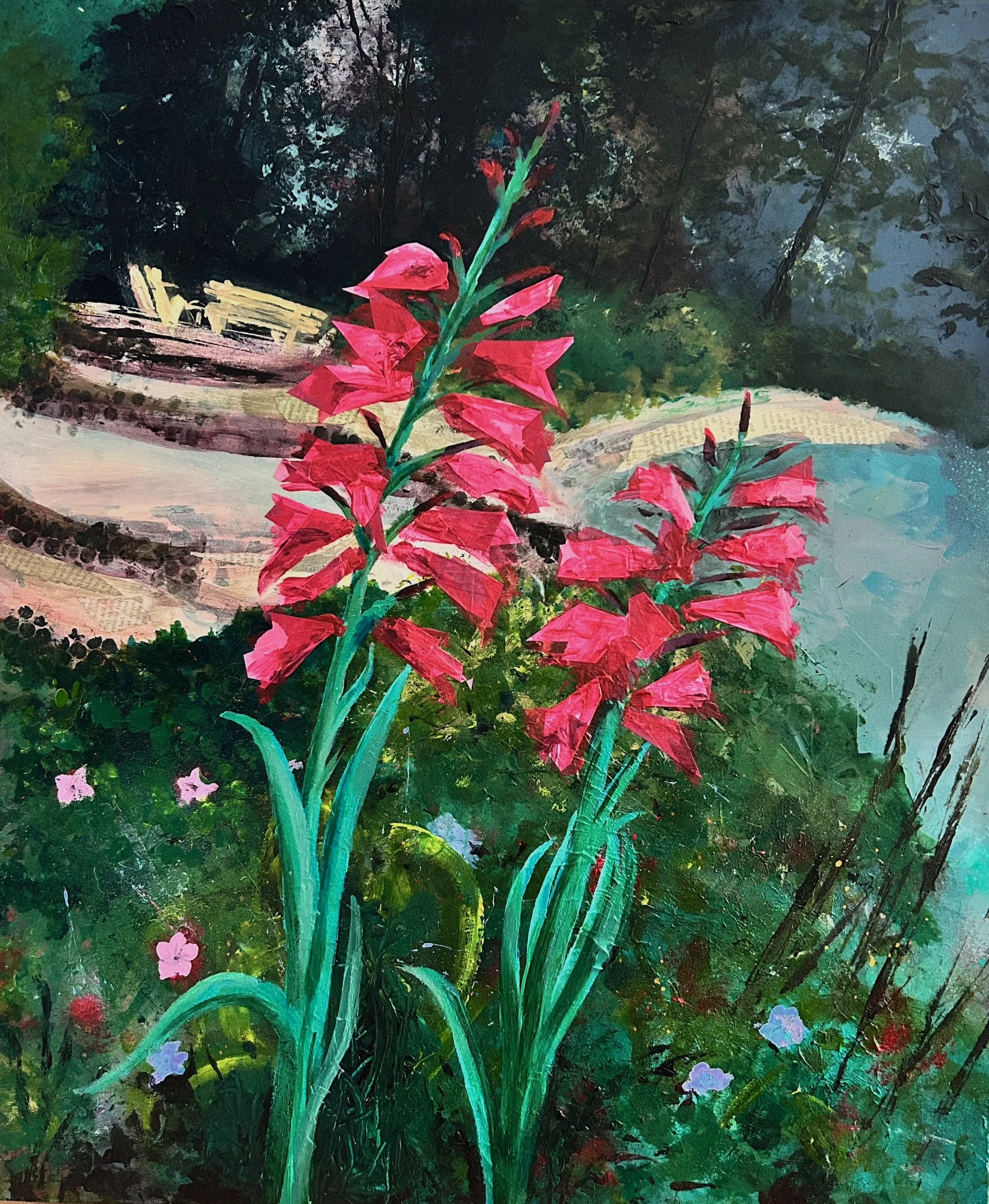 Mixed media collage piece of gladioli in the garden