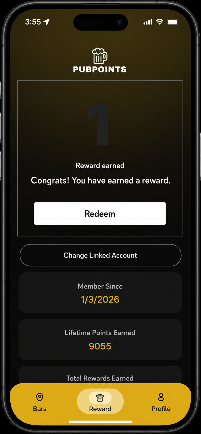 Mobile app screen showing a reward earned in the PUBPOINTS loyalty program, with options to redeem, view profile, and see member details.
