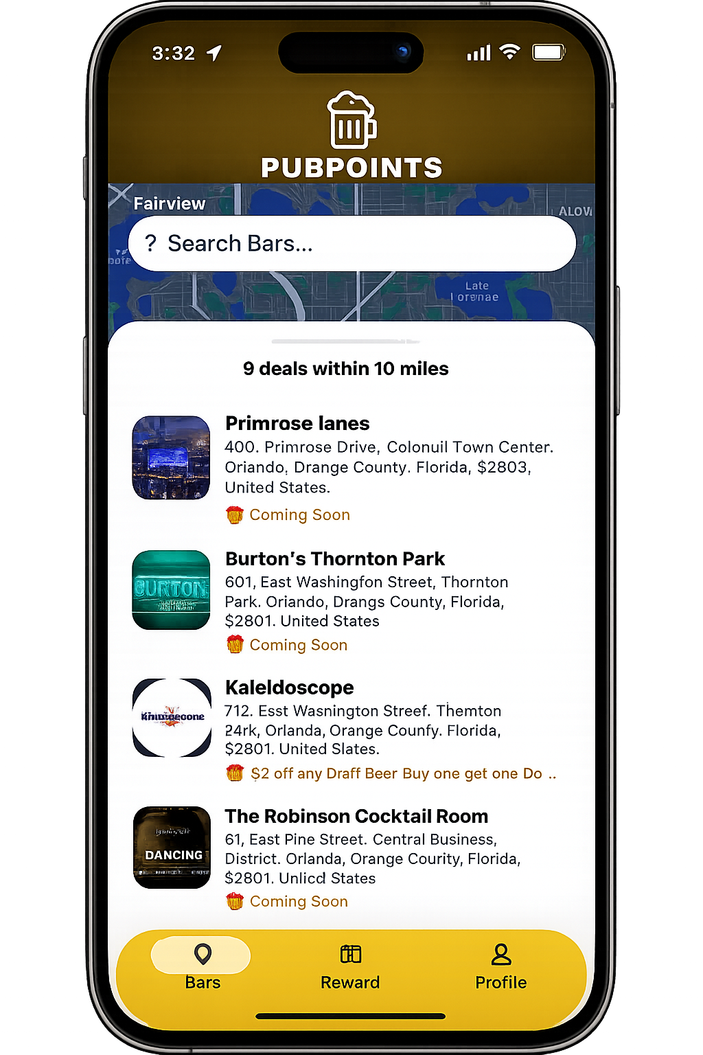 Mobile app screen showing local bar deals, including Primrose lanes, Burton's Thornton Park, Kaledoscope, and The Robinson Cocktail Room in Orlando, Florida, with some marked as Coming Soon.