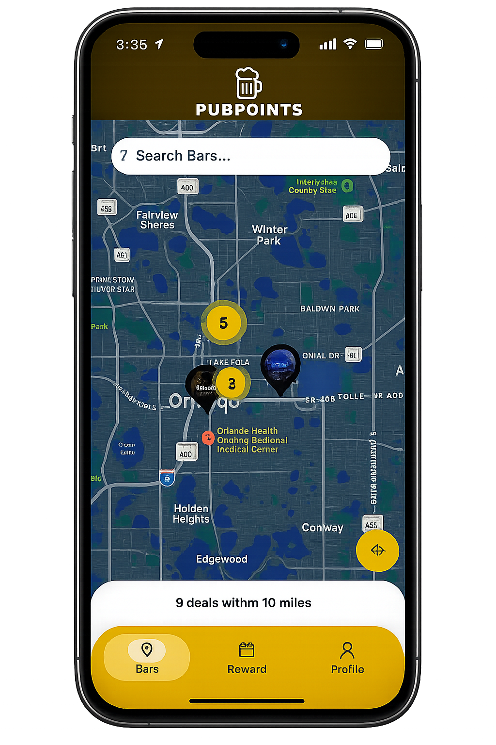 Mobile screen displaying the PubPoints app map of Orlando, Florida, with bar locations, deal counts, and a search bar at the top for finding bars.