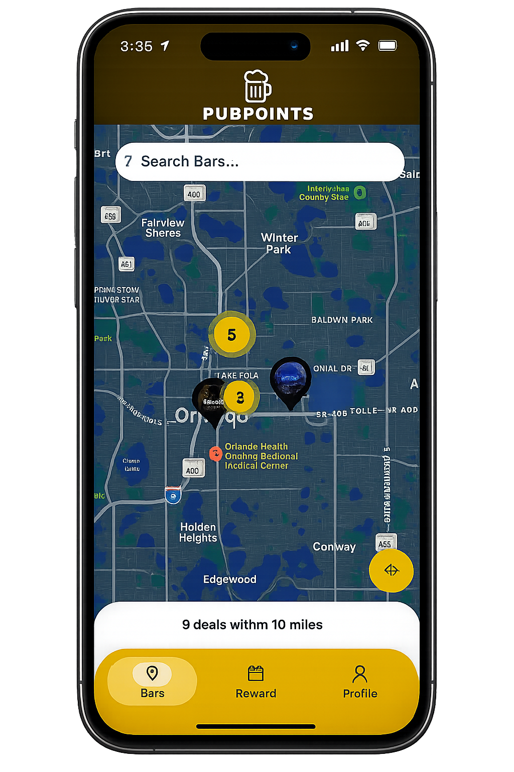 Screenshot of a mobile app map showing bar locations with search bar and navigation buttons for bars, rewards, and profile.