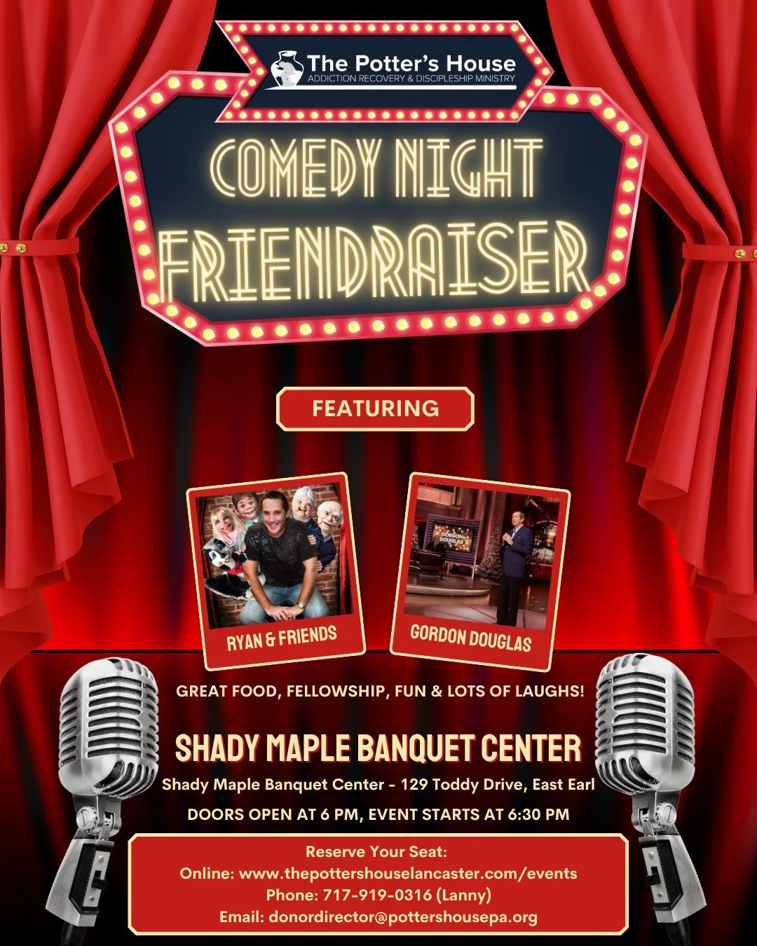 🚨 Last call! RSVP deadline is TOMORROW! 🚨

Don&rsquo;t miss your chance to attend Comedy Night to Benefit The Potter&rsquo;s House &mdash; a clean, family-friendly event at Shady Maple Banquet Center on September 11th!

✨ All proceeds support addic
