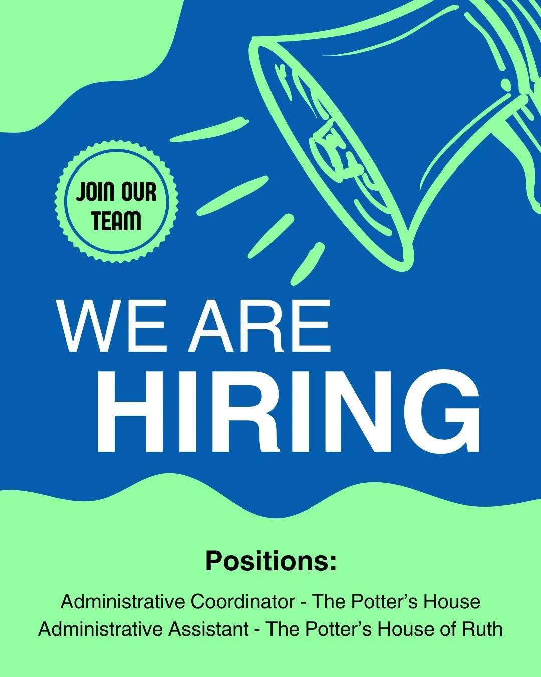 📣 We’re Hiring!
The Potter’s House Lancaster and The Potter’s House of Ruth are looking for dedicated, faith-filled women to join our ministry team.
✨ Administrative Coordinator (The Potter’s House Lancaster)
Help support t