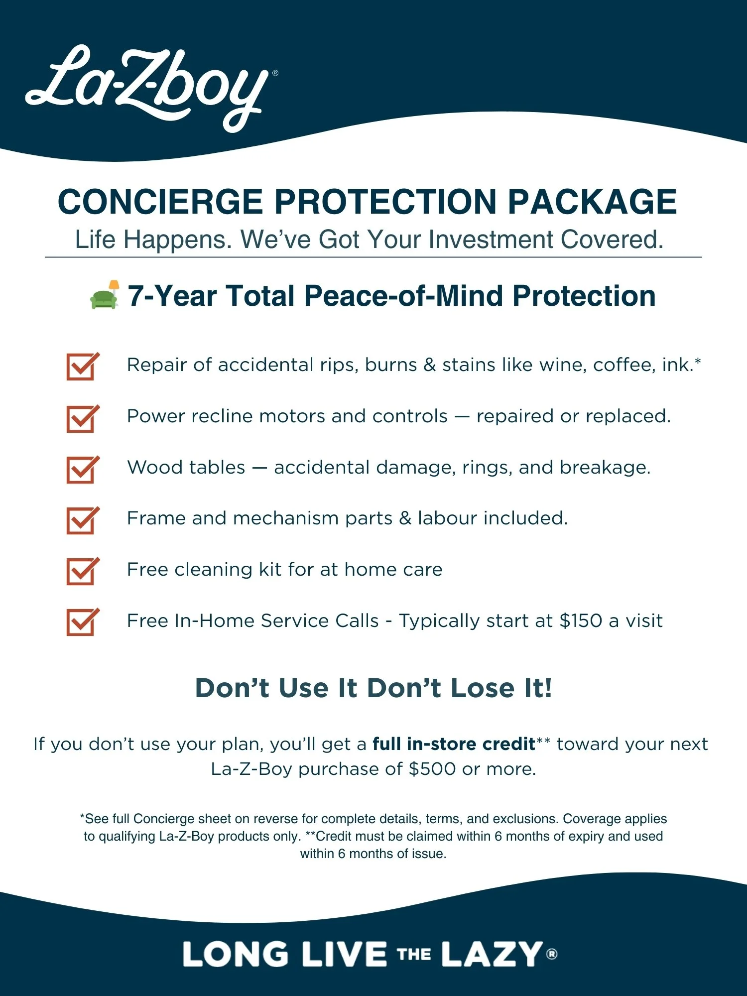 Laz-Boy concierge protection package flyer highlighting a 7-year peace-of-mind coverage for furniture, including repairs for accidental damage, power recline motors, wood tables, frame parts, labors, free cleaning kit, and in-home service calls, with details on credits and exclusions.