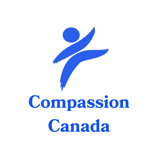 Logo of Compassion Canada featuring a blue abstract human figure and the words 'Compassion Canada' Charity Global Outreach.
