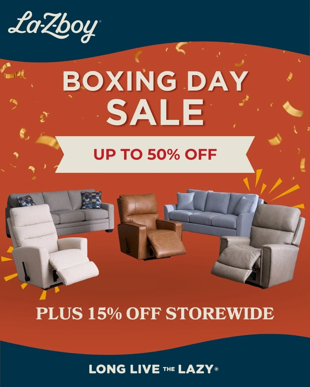 Advertisement for La-Z-Boy Boxing Day sale with up to 50% off plus 15% off storewide, featuring images of various recliner and sofa furniture.