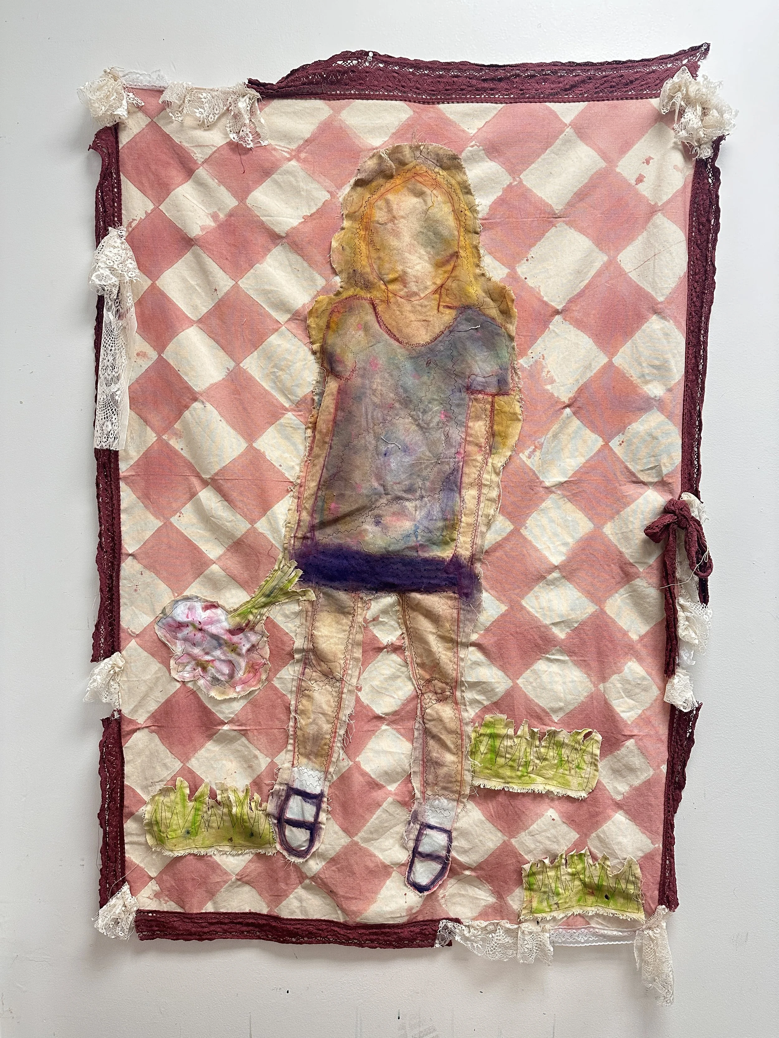 “First Day” (2025)

30in x 40in

oil, thread, canvas, dye, lace