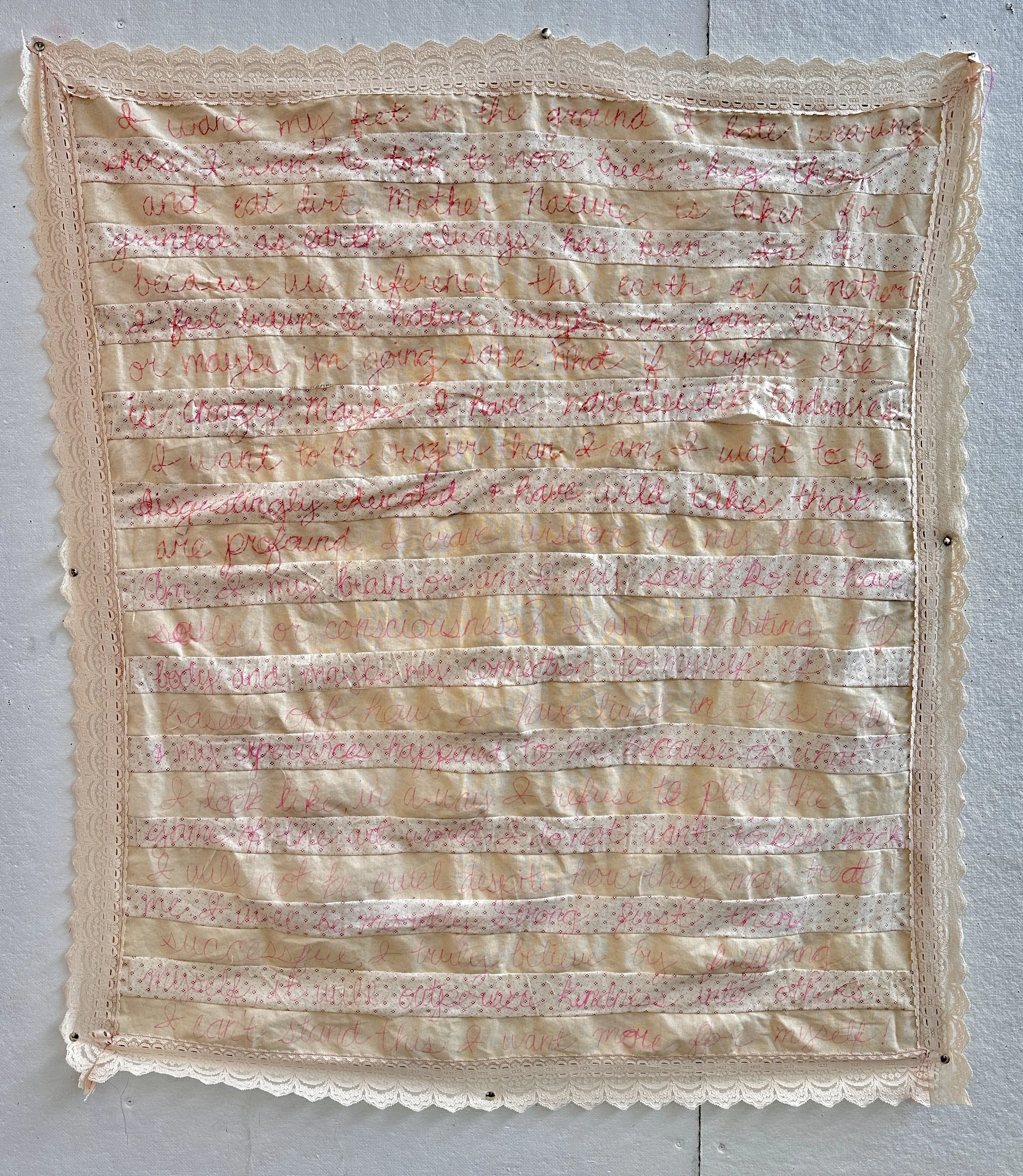 Because She is a Mother? (2026)

30 in x 40 in

thread, canvas, cotton, lace, dyed fiber, found material