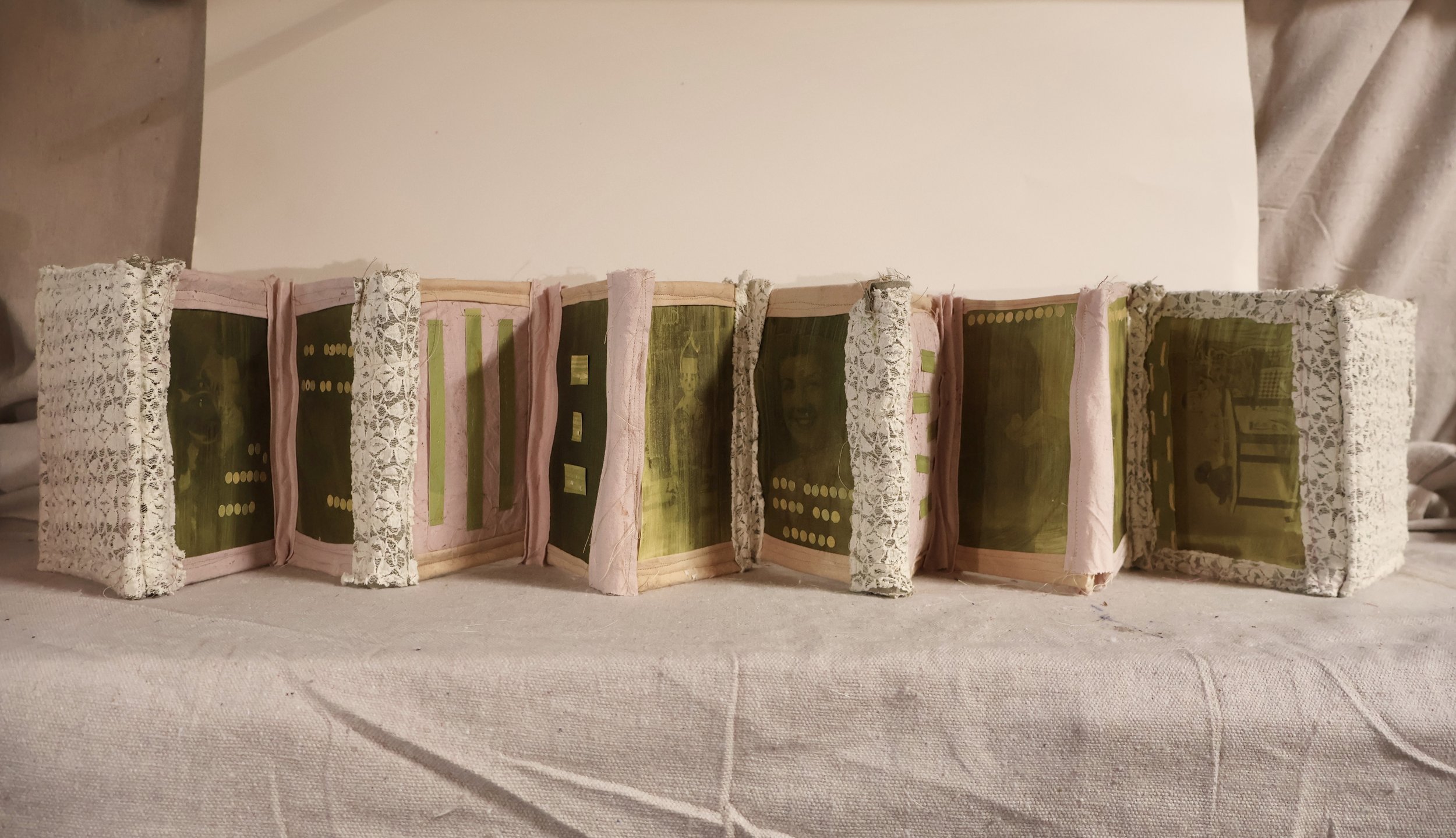 "Matriarchy, Memory, Monoculture" (2026) Slide #2

7in x 5in x 48in

cotton, clothing scraps, solardye, thread, embossed letters, berries, coffee, tea