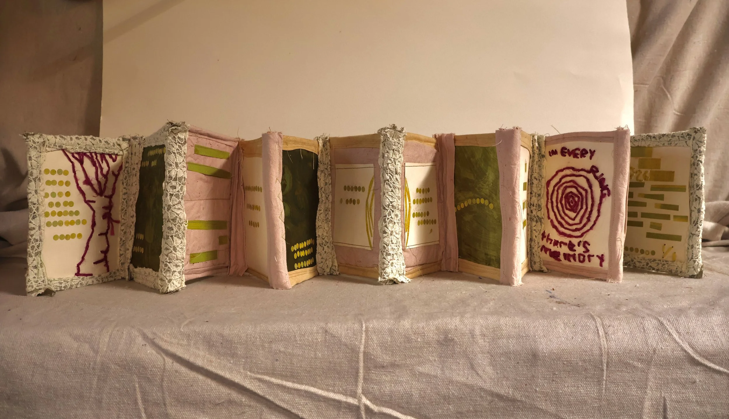 "Matriarchy, Memory, Monoculture" (2026) Slide #1

7in x 5in x 48in

cotton, clothing scraps, solardye, thread, embossed letters, berries, coffee, tea
