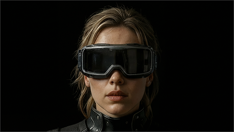 A woman wearing black goggles and a black leather outfit against a black background.