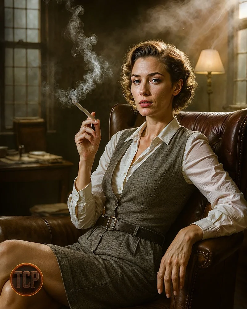 Woman with short curly hair sitting in a leather armchair, smoking a cigarette, wearing a white blouse and gray vest and skirt, in a dimly lit room with vintage decor and warm lighting.