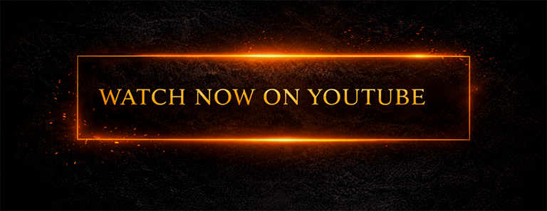 Text saying 'WATCH NOW ON YOUTUBE' with a fiery orange glow on a black background.