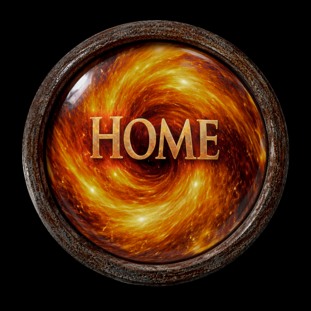 A circular object resembling a button or a coin with a swirling fiery design inside and the word "HOME" in the center.