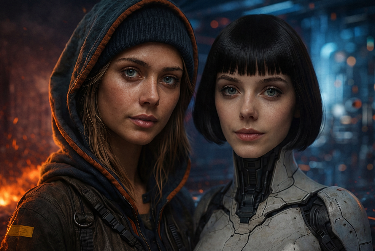 Two women, one wearing a hoodie and the other in a futuristic suit, in a sci-fi setting with fire and machinery in the background.