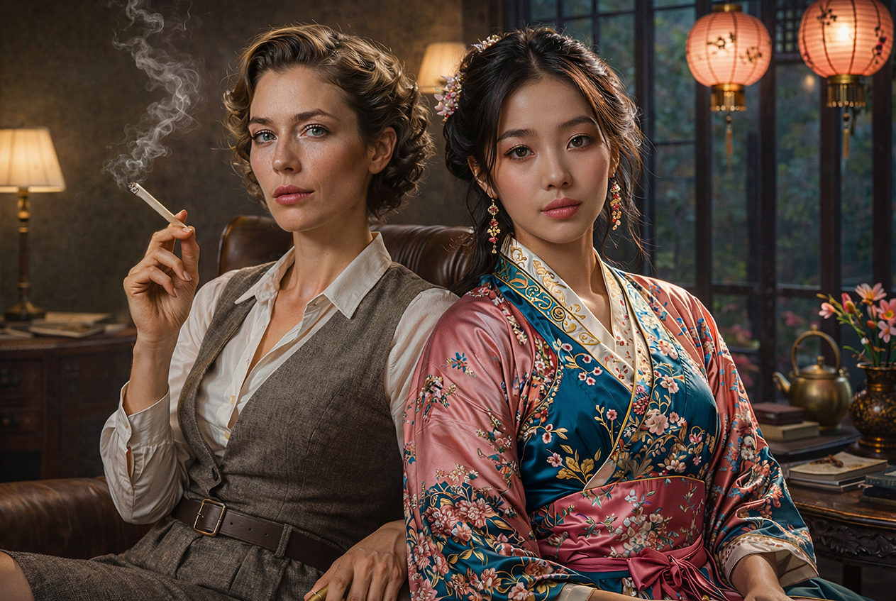 Two women sitting on a leather sofa in a cozy room with Asian decor. The woman on the left has short wavy hair, is wearing a tan vest over a white blouse, and is smoking a cigarette. The woman on the right has dark hair styled with flowers, is wearing a colorful kimono, and has a calm expression. The background features soft lighting, paper lanterns, and a window with a garden view.