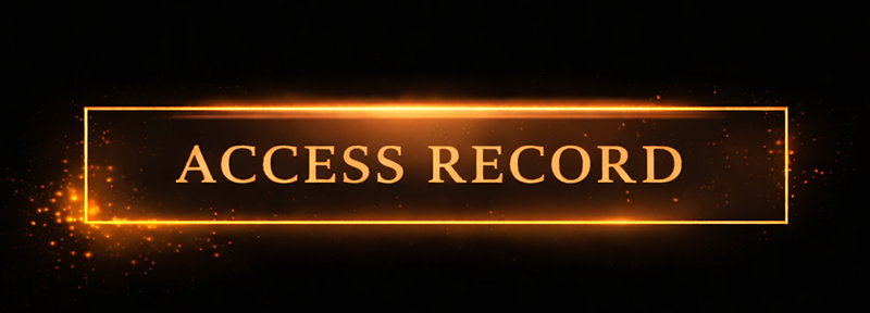 Golden glowing rectangular frame with the text 'ACCESS RECORD' in the center, set against a black background with sparkles and light effects.