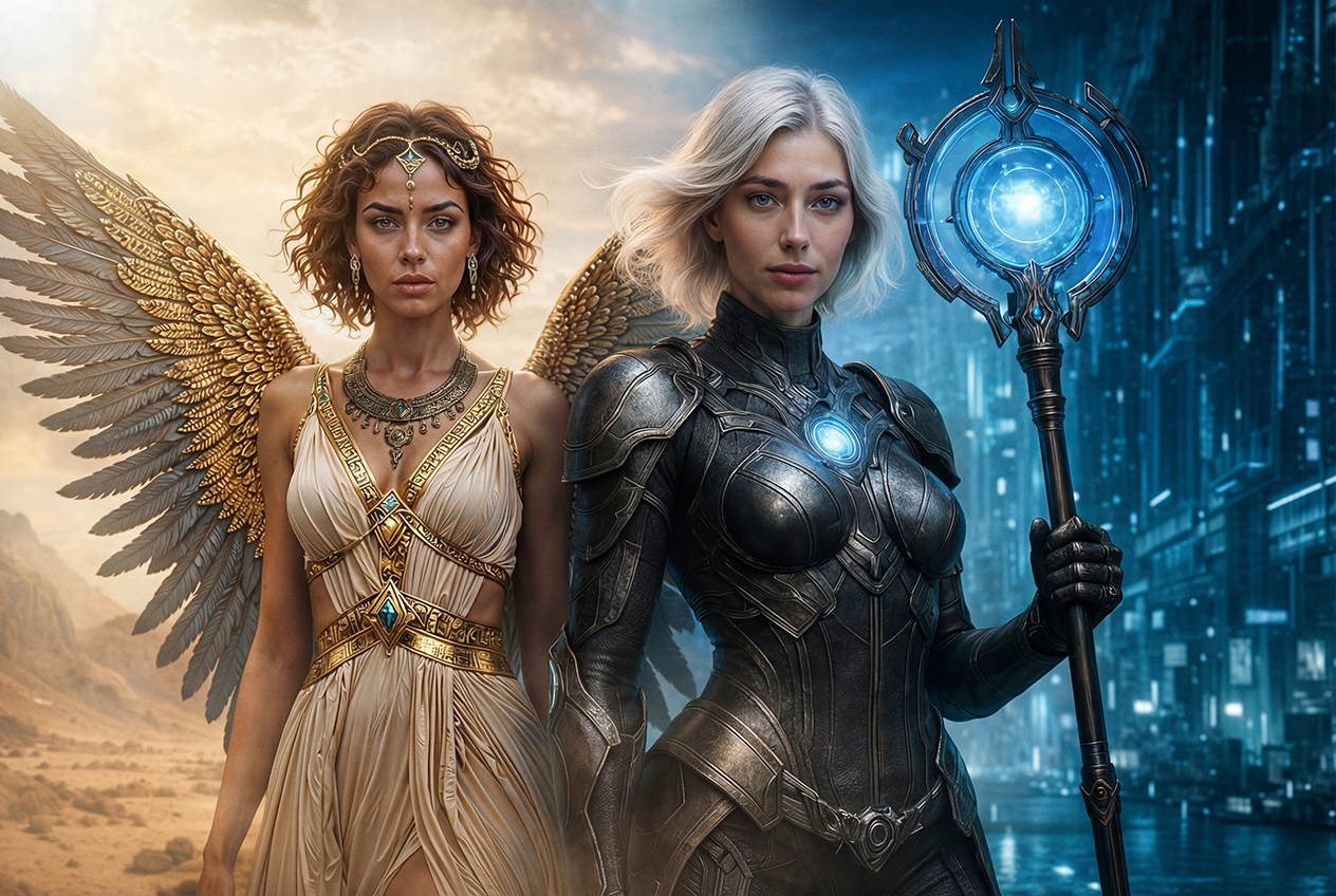 Two female characters in fantasy and sci-fi costumes, one with angel wings and golden attire, the other in black armor holding a glowing staff, standing against contrasting backgrounds of desert and futuristic city.