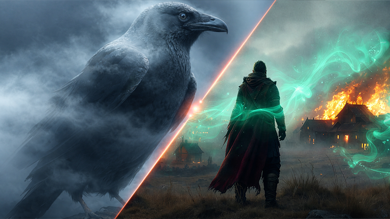 A digitally created scene with a raven, on the left side, and a person in dark clothing with a cape, standing in front of burning buildings on the right side, with green magical energy surrounding them.