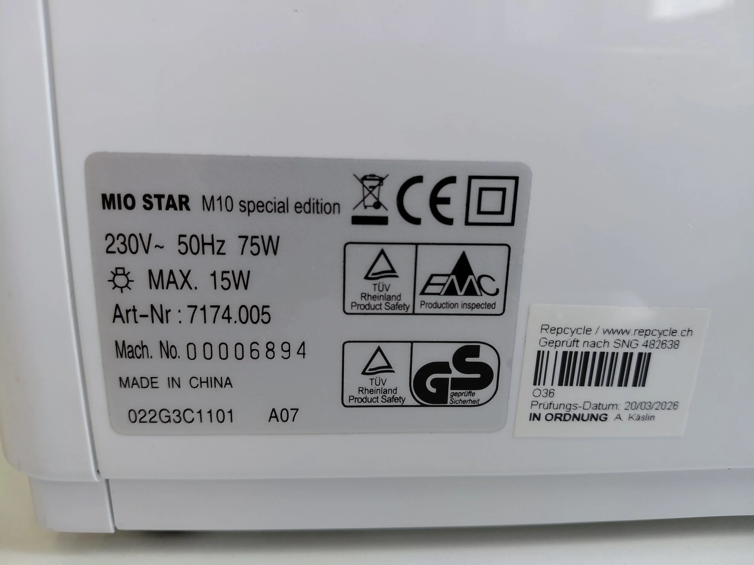 MioStar M10 Typenschild