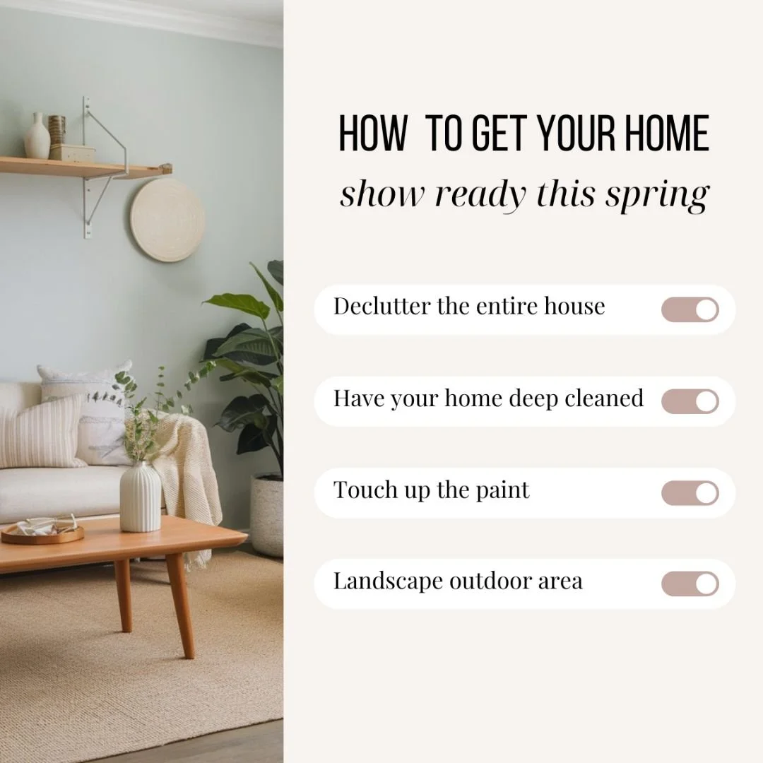Ready to sell your home this spring? Let's make it shine before hitting the market.

Here are a few simple steps to make your home stand out this upcoming season:

✨ Declutter every room to create an open, inviting space.
✨ Deep clean your home 