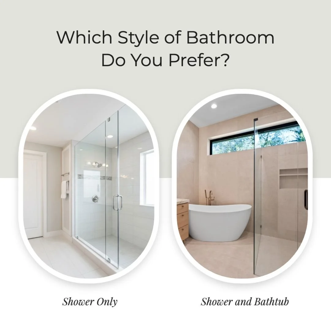 Which bathroom style do you prefer? 🛁🚿

A relaxing soaking tub with a separate shower? Or a sleek, oversized walk-in shower only?

A tub offers spa-like comfort and family-friendly function. A shower-only layout creates a modern, low-maintenanc