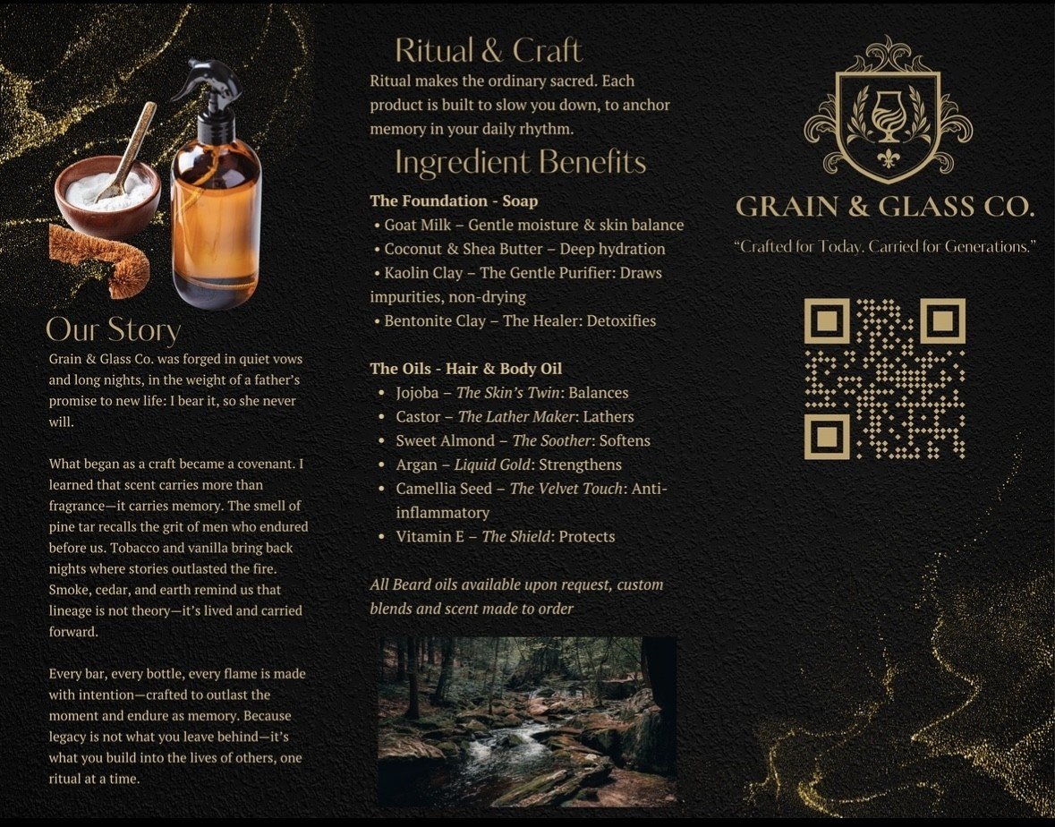 Black and gold informational poster about Ritual & Craft products and their benefits, featuring an amber spray bottle, a bowl of cream, and a stick of cinnamon, with decorative gold accents and a QR code.