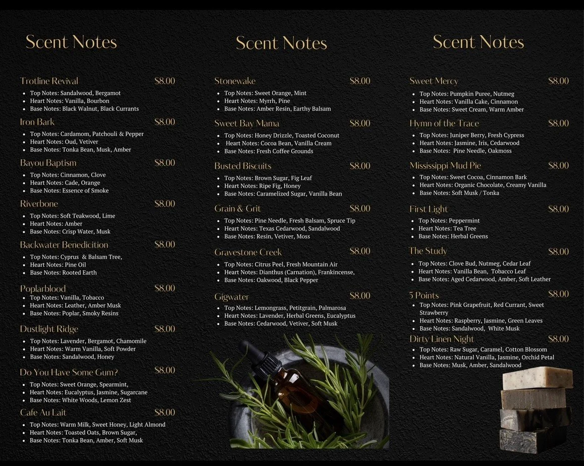 A menu with scent notes divided into three columns, each listing different scented products with their top notes, heart notes, and base notes, priced at $8.00. The menu has a black textured background and a small image of a bottle with herbs and a dropper at the bottom.